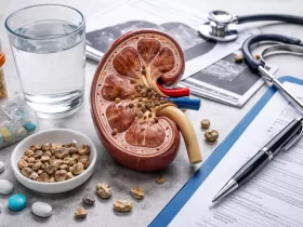 Anatomski model bubrega s kamencima i medicinskim priborom, ilustracija dijagnostike i liječenja bubrežnih kamenaca.