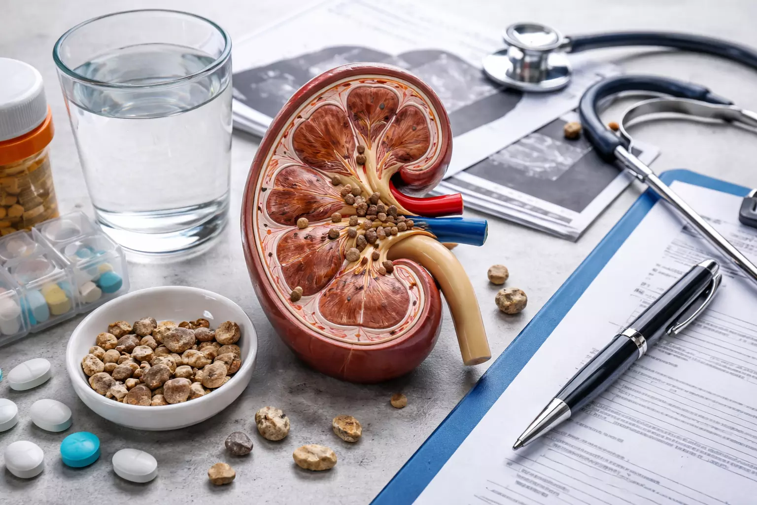 Anatomski model bubrega s kamencima i medicinskim priborom, ilustracija dijagnostike i liječenja bubrežnih kamenaca.