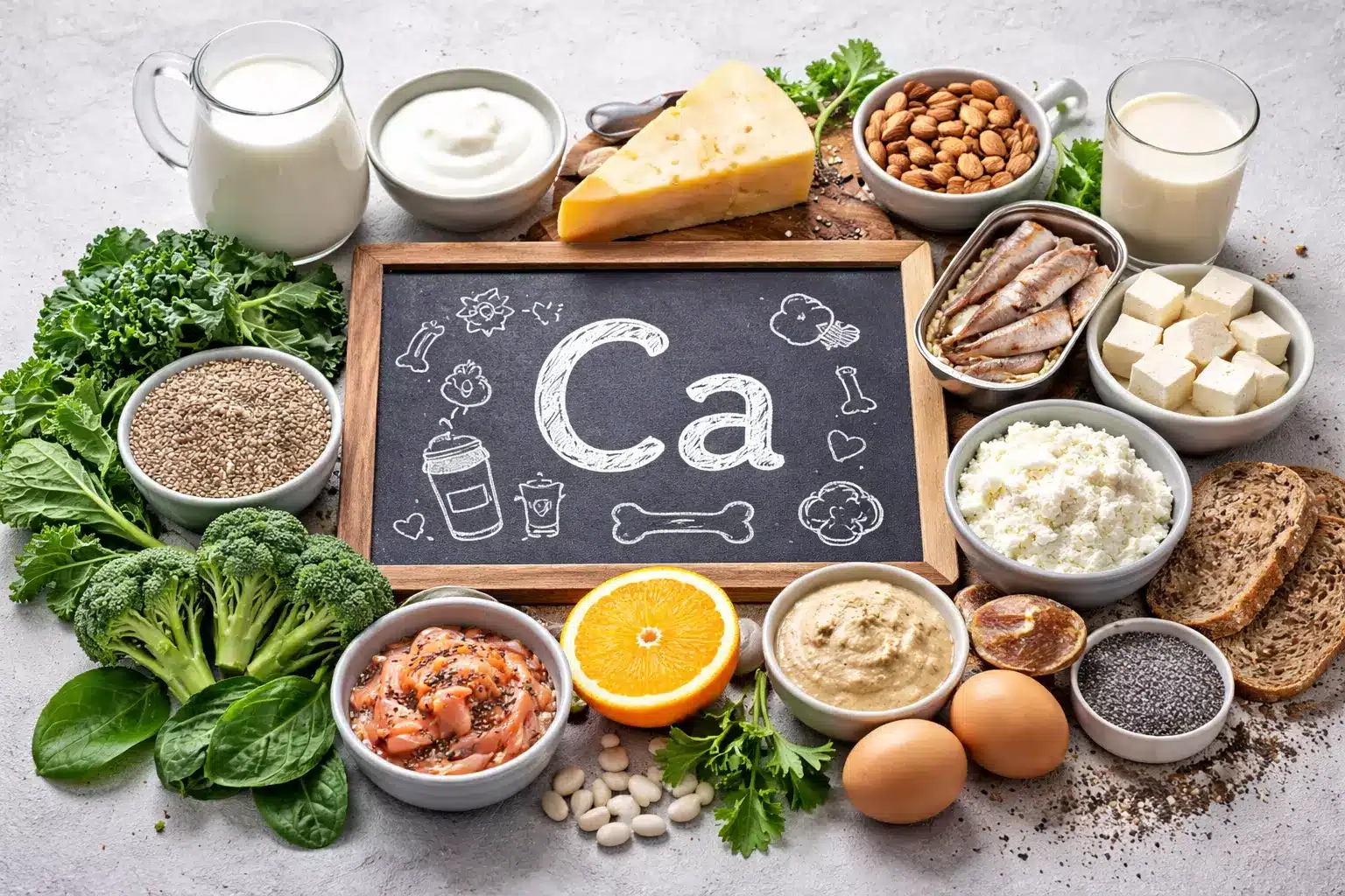 Namirnice bogate kalcijem poput sira, jogurta, sardina, tofua, badema i zelenog lisnatog povrća.