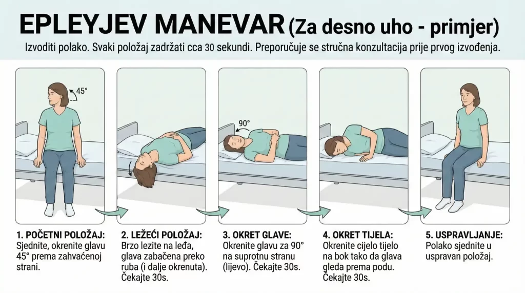 Infografika: Epleyjev manevar (primjer za desno uho) u 5 koraka — okret glave 45°, ležanje s glavom preko ruba, okret glave 90° na suprotnu stranu, okret tijela na bok i uspravljanje; svaki položaj oko 30 sekundi.