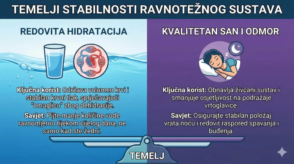 Infografika “Temelji stabilnosti ravnotežnog sustava”: redovita hidratacija (stabilan volumen krvi i krvni tlak) i kvalitetan san i odmor (obnova živčanog sustava, manja osjetljivost na podražaje vrtoglavice), s kratkim savjetima.