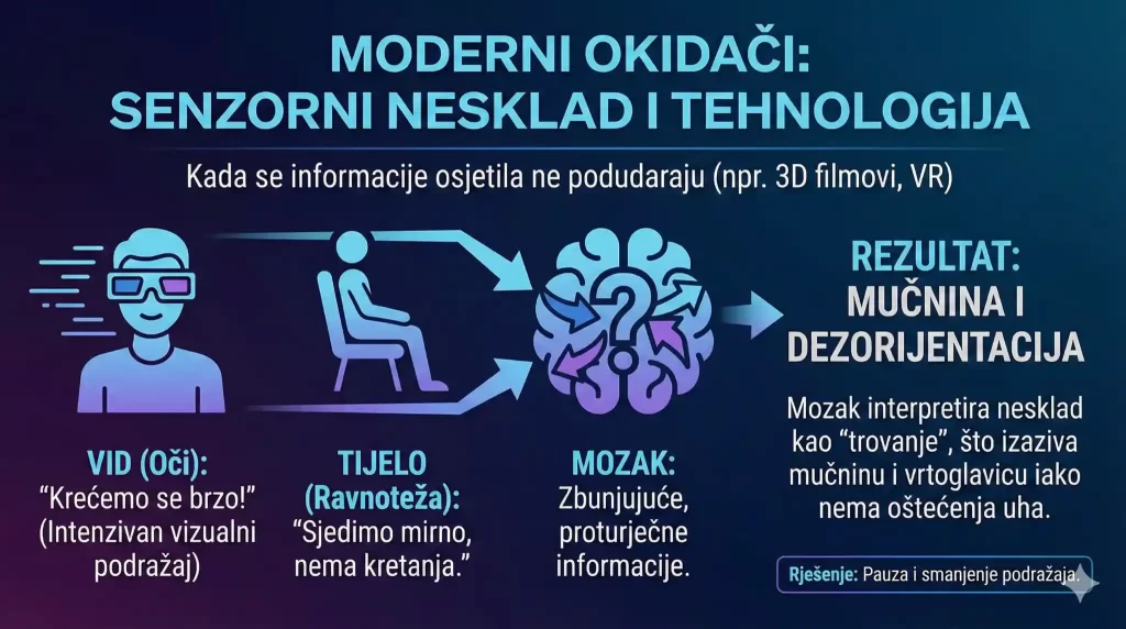Infografika “Moderni okidači: senzorni nesklad i tehnologija” — nesklad između vida i ravnoteže (npr. 3D filmovi, VR) zbunjuje mozak i može uzrokovati vrtoglavicu, mučninu i dezorijentaciju; preporuka je pauza i smanjenje podražaja.