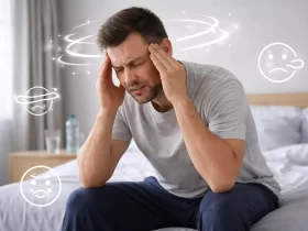 Muškarac sjedi na krevetu i drži se za glavu zbog vrtoglavice. Grafički simboli oko njega prikazuju osjećaj vrtnje.