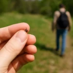 Krupni plan prstiju koje drže je krpelja, u pozadini planinar hoda šumskom stazom. Slika asocira na bolesti koje prenose krpelji.