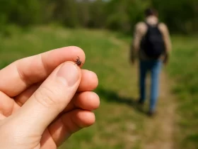 Krupni plan prstiju koje drže je krpelja, u pozadini planinar hoda šumskom stazom. Slika asocira na bolesti koje prenose krpelji.