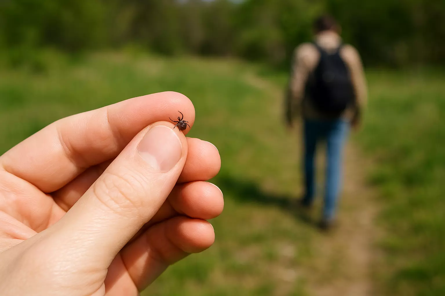 Krupni plan prstiju koje drže je krpelja, u pozadini planinar hoda šumskom stazom. Slika asocira na bolesti koje prenose krpelji.
