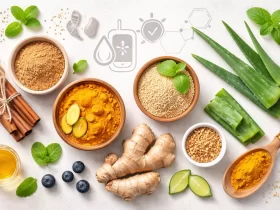 Prirodna terapija za dijabetes: prah kurkume, đumbir, aloe vera, cimet, psilijum i limeta uz grafičke simbole zdravlja.