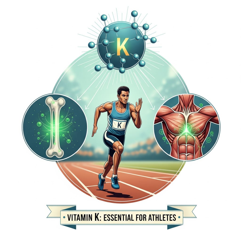 Ilustracija prikazuje trkača na atletskoj stazi, okruženog simbolima koji predstavljaju ulogu vitamina K u sportu. Iznad trkača je molekula vitamina K. S lijeve strane je prikazana zdrava kost, a s desne mišićni sustav, s oznakama koje ističu važnost vitamina K za kosti i mišiće. U dnu slike je natpis "VITAMIN K: ESSENTIAL FOR ATHLETES" (Vitamin K: Esencijalan za sportaše).