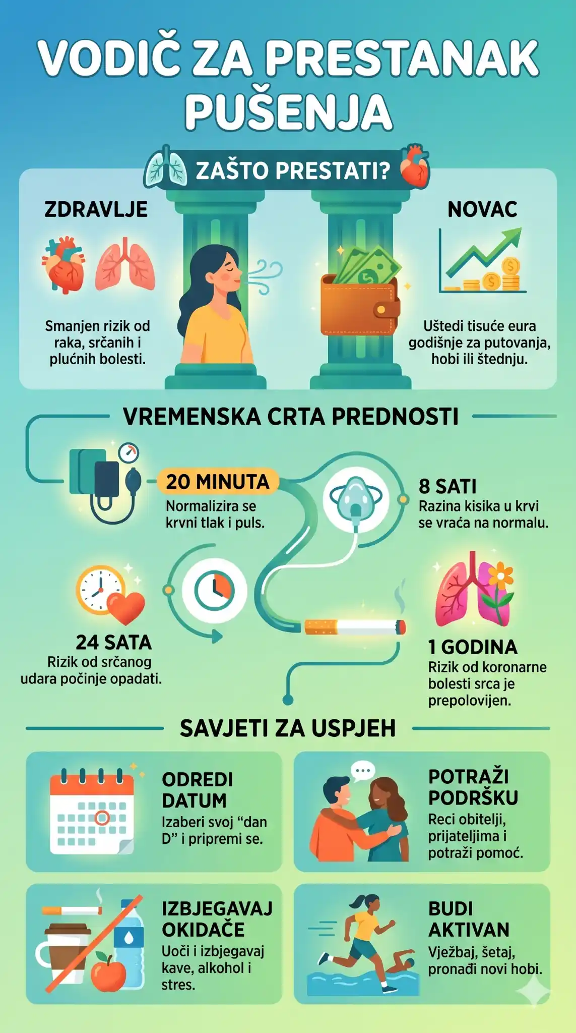 Infografika o prestanku pušenja s prikazom zdravstvenih i financijskih prednosti, vremenskom crtom oporavka te savjetima za uspješno odvikavanje od cigareta.