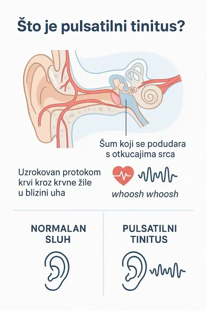Pulsatilni tinitus infografika - anatomski prikaz uha s krvnim žilama, objašnjenje uzroka i usporedba s normalnim sluhom