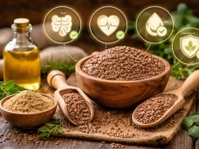 Lanene sjemenke na rustikalnoj drvenoj površini, uz grafičke simbole koje označavaju probavu i zdravlje srca.