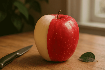 Poluoguljena crvena jabuka na drvenoj kuhinjskoj površini, s nožem sa strane i prirodnim svjetlom koje dolazi kroz prozor u pozadini. Slika odražava nutritivnu i zdravstvenu vrijednost kore jabuke.