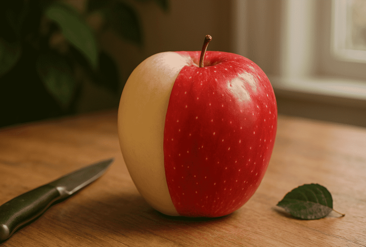 Poluoguljena crvena jabuka na drvenoj kuhinjskoj površini, s nožem sa strane i prirodnim svjetlom koje dolazi kroz prozor u pozadini. Slika odražava nutritivnu i zdravstvenu vrijednost kore jabuke.