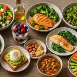 A variety of healthy, diabetes-friendly meals arranged on a table. Dishes include grilled chicken with vegetables, fresh salads with cherry tomatoes and olives, yogurt with mixed berries, vegetable soup, avocado toast with a poached egg, a small plate of nuts and cheese, and sliced raw vegetables like carrots, cucumbers, and cherry tomatoes. A bottle of olive oil is also visible.