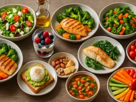 A variety of healthy, diabetes-friendly meals arranged on a table. Dishes include grilled chicken with vegetables, fresh salads with cherry tomatoes and olives, yogurt with mixed berries, vegetable soup, avocado toast with a poached egg, a small plate of nuts and cheese, and sliced raw vegetables like carrots, cucumbers, and cherry tomatoes. A bottle of olive oil is also visible.