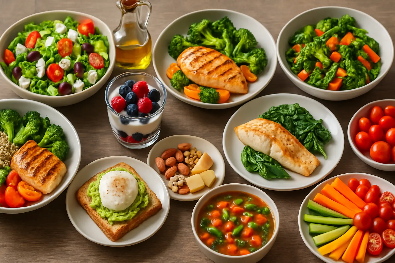 A variety of healthy, diabetes-friendly meals arranged on a table. Dishes include grilled chicken with vegetables, fresh salads with cherry tomatoes and olives, yogurt with mixed berries, vegetable soup, avocado toast with a poached egg, a small plate of nuts and cheese, and sliced raw vegetables like carrots, cucumbers, and cherry tomatoes. A bottle of olive oil is also visible.