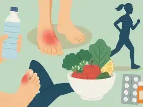 Ilustracija prevencije gihta: boca vode, bolni zglobovi stopala, zdjela s povrćem i voćem, trkač i lijekovi na zelenoj podlozi.