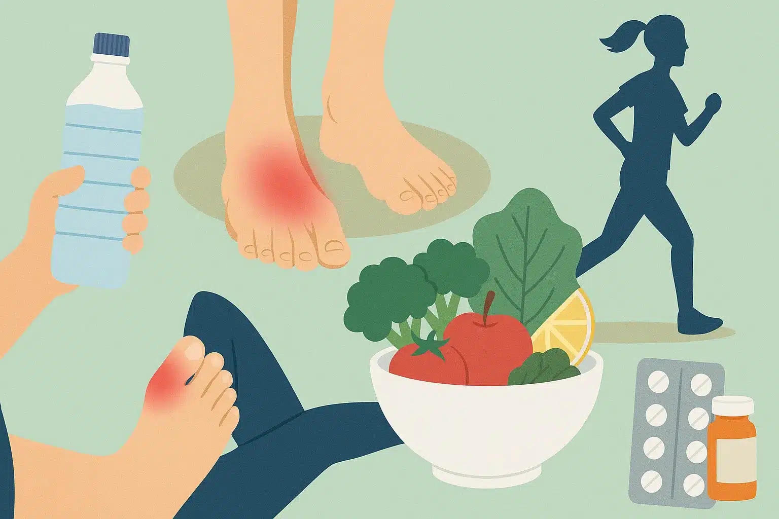 Ilustracija prevencije gihta: boca vode, bolni zglobovi stopala, zdjela s povrćem i voćem, trkač i lijekovi na zelenoj podlozi.