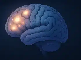 Ilustracija mozga u plavim i ljubičastim tonovima s vidljivim svijetlim točkama koje simboliziraju lezije, koje postupno nestaju prema desnoj strani slike, na tamnoj pozadini s motivima neuronskih mreža.