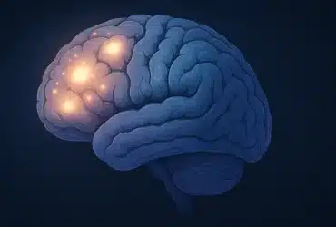 Ilustracija mozga u plavim i ljubičastim tonovima s vidljivim svijetlim točkama koje simboliziraju lezije, koje postupno nestaju prema desnoj strani slike, na tamnoj pozadini s motivima neuronskih mreža.