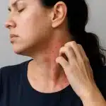 Žena s vidljivim crvenim osipom i svrbežom na vratu, ilustrira simptome šuge (svraba) na koži