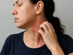 Žena s vidljivim crvenim osipom i svrbežom na vratu, ilustrira simptome šuge (svraba) na koži