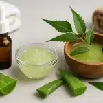 Prirodni sastojci za ublažavanje šuge: aloe vera gel, neem ulje i eterično ulje čajevca na svijetloj podlozi.