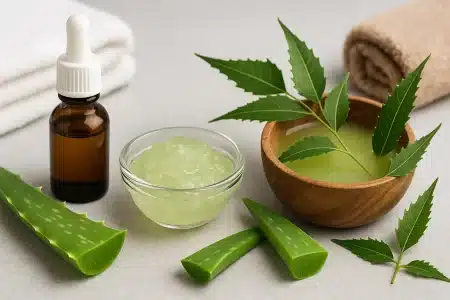 Prirodni sastojci za ublažavanje šuge: aloe vera gel, neem ulje i eterično ulje čajevca na svijetloj podlozi.