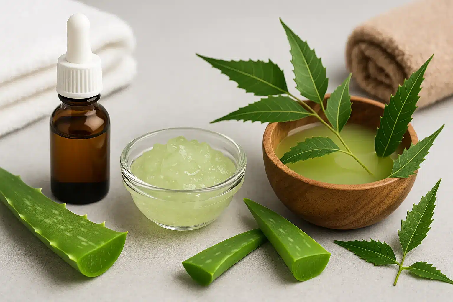 Prirodni sastojci za ublažavanje šuge: aloe vera gel, neem ulje i eterično ulje čajevca na svijetloj podlozi.