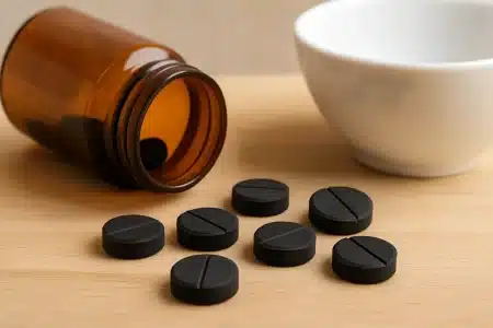 Aktivni ugljen tablete na stolu uz staklenu bocu i bijelu zdjelu – ilustracija primjene aktivnog ugljena za proljev