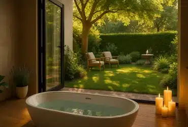 Luksuzna kupaonica s kadom, svijećama i pogledom na zeleni vrt s udobnim stolicama i fontanom, idealan prostor za relaksaciju i opuštanje kod kuće.