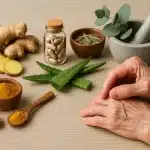 Prirodni lijekovi za reumu kod kuće: đumbir, kurkuma, aloe vera, kapsule i obloge na drvenom stolu uz ruke osobe s bolnim zglobovima.
