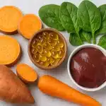 Vitamin A food sources including carrots, sweet potatoes, spinach, beef liver and supplement capsules on a light background.