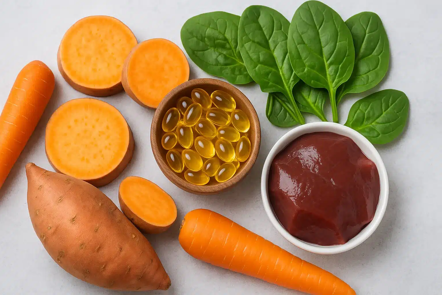 Vitamin A food sources including carrots, sweet potatoes, spinach, beef liver and supplement capsules on a light background.