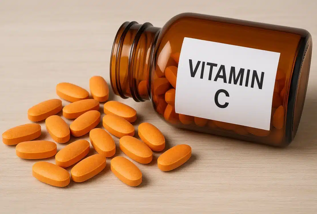 Bočica vitamina C s prolivenim narančastim tabletama na drvenoj podlozi – dodatak prehrani za imunitet i zdravlje.