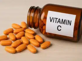 Bočica vitamina C s prolivenim narančastim tabletama na drvenoj podlozi – dodatak prehrani za imunitet i zdravlje.