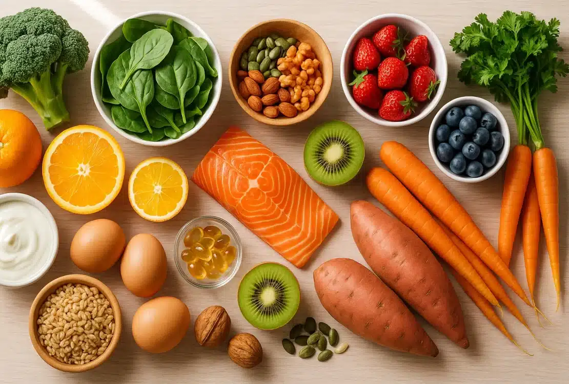 Raznolika hrana bogata vitaminima – losos, jaja, mrkva, batat, špinat, citrusi, bobičasto voće, orašasti plodovi i sjemenke prikazani na drvenoj podlozi.