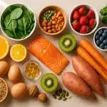 Raznolika hrana bogata vitaminima – losos, jaja, mrkva, batat, špinat, citrusi, bobičasto voće, orašasti plodovi i sjemenke prikazani na drvenoj podlozi.