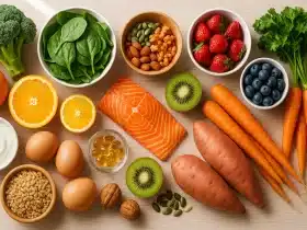Raznolika hrana bogata vitaminima – losos, jaja, mrkva, batat, špinat, citrusi, bobičasto voće, orašasti plodovi i sjemenke prikazani na drvenoj podlozi.