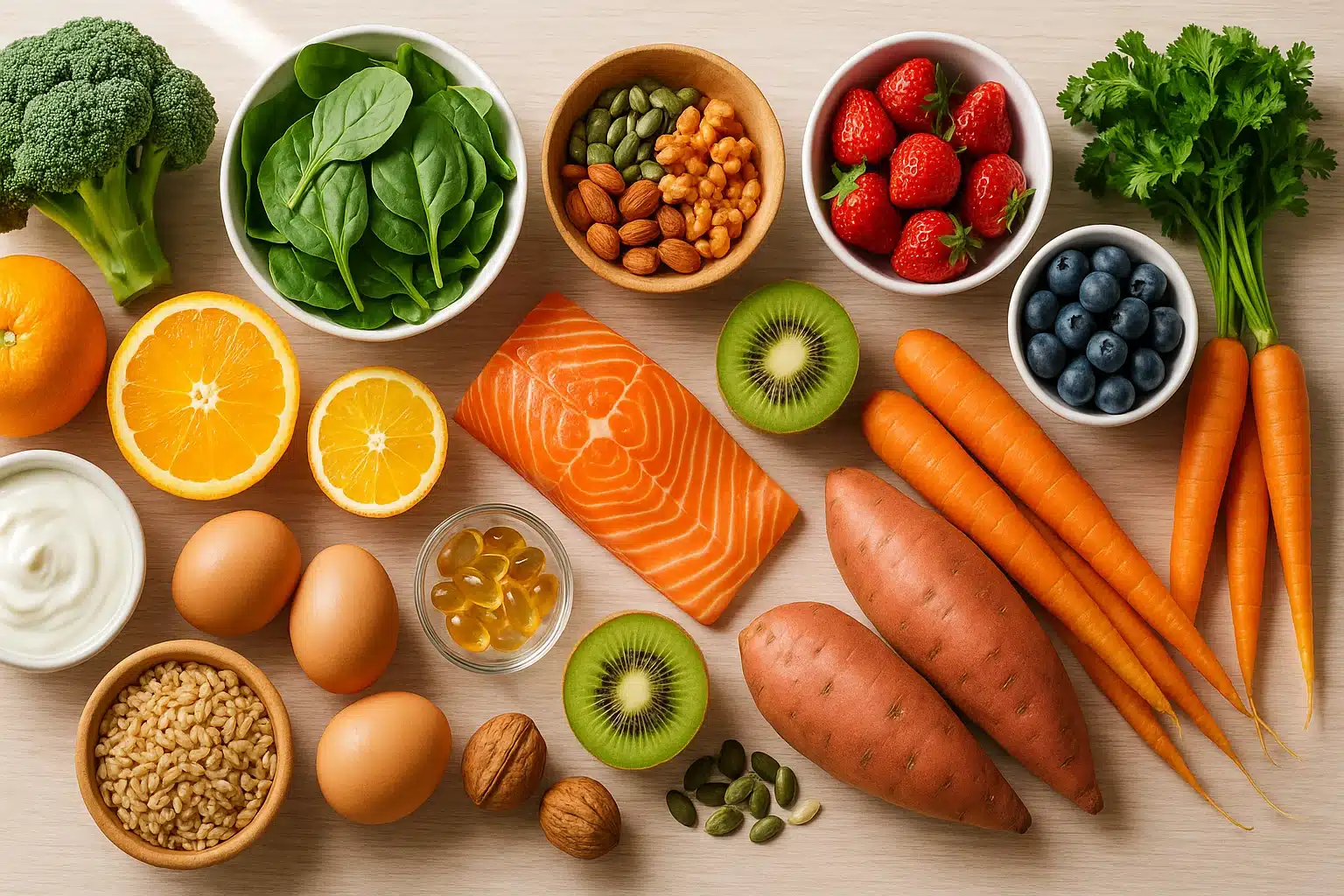 Raznolika hrana bogata vitaminima – losos, jaja, mrkva, batat, špinat, citrusi, bobičasto voće, orašasti plodovi i sjemenke prikazani na drvenoj podlozi.