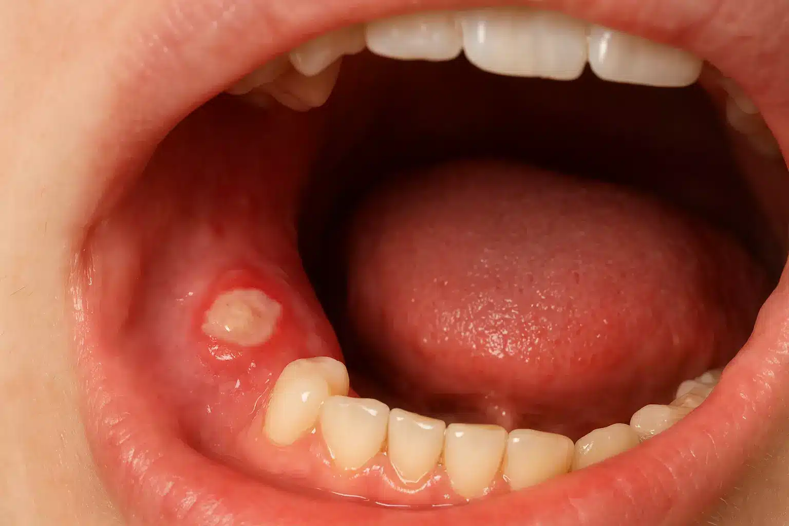 Krupni plan bolne afte na zubnom mesu unutar usne šupljine.
