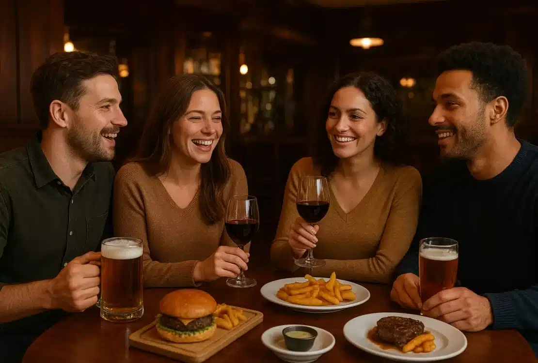 Veselo društvo muškaraca i žena u pubu, uz pivo i vino na stolu, s burgerima, biftekom i pomfritom.