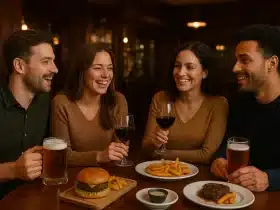 Veselo društvo muškaraca i žena u pubu, uz pivo i vino na stolu, s burgerima, biftekom i pomfritom.