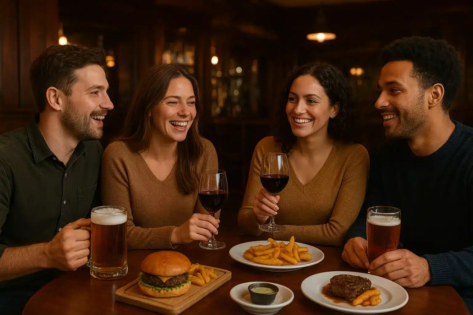 Veselo društvo muškaraca i žena u pubu, uz pivo i vino na stolu, s burgerima, biftekom i pomfritom.