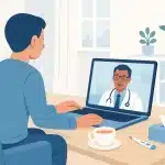 Telemedicina – online doznake za bolovanje: pacijent na videopozivu s liječnikom preko laptopa kod kuće, s termometrom i maramicama na stolu.