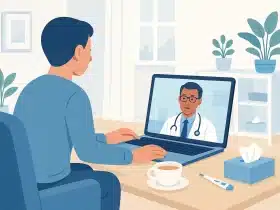 Telemedicina – online doznake za bolovanje: pacijent na videopozivu s liječnikom preko laptopa kod kuće, s termometrom i maramicama na stolu.