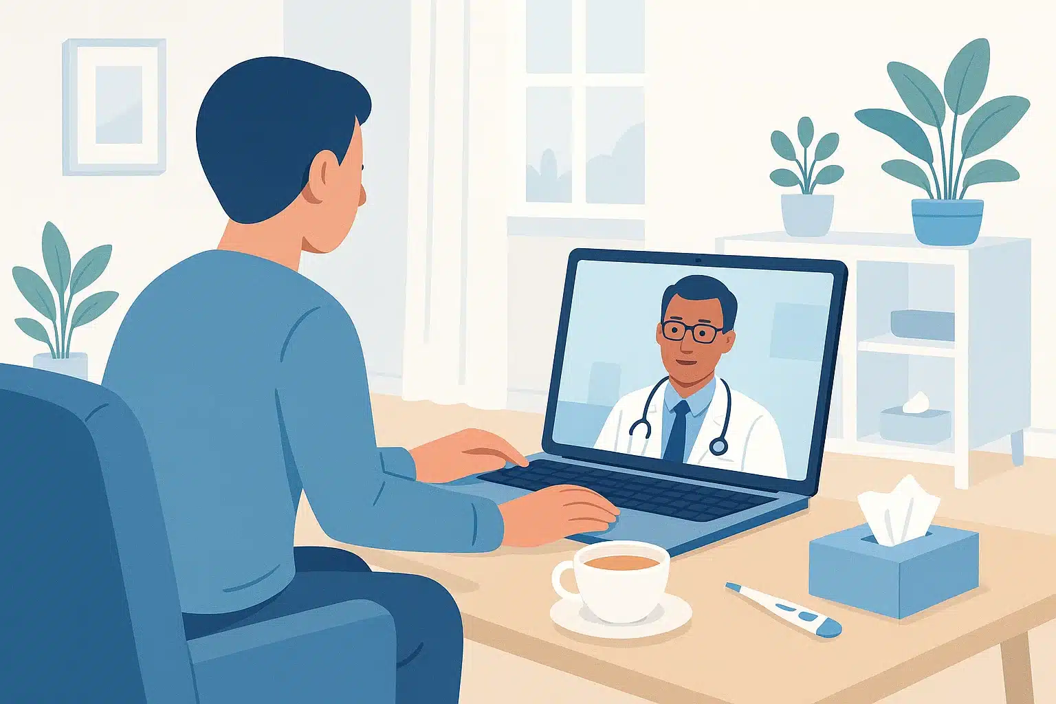 Telemedicina – online doznake za bolovanje: pacijent na videopozivu s liječnikom preko laptopa kod kuće, s termometrom i maramicama na stolu.