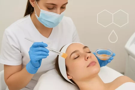 Kozmetičarka radi kemijski piling za lice mladoj ženi koja se opušta na stolu.