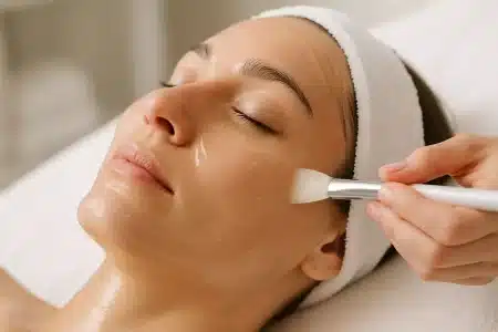 Ruka kozmetičarke nanosi enzimski piling na lice opuštene žene u mirnom spa ambijentu.