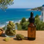 Staklena bočica CBD ulja i cvjetovi konoplje na drvenom stolu s pogledom na grčku obalu i crkvu – simbol prirodnih CBD proizvoda i CBD trgovine u Grčkoj.